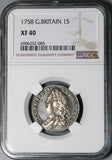 1758 NGC XF 40 George II Shilling Great Britain Sterling Silver Coin (24101103C)