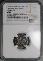 1526 NGC VF 20 Henry VIII 2 Pence England Britain Canterbury Mint Silver Coin S-2343 (25052304C)
