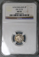1674 NGC AU 55 Charles II 2 Pence Maundy Great Britain Silver Coin POP 1/2 (23102501C)