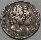 1693/2 William Mary 2 Pence 1/2 Groat VF Great Britain Scarce Overdate Silver Coin (26071402R)