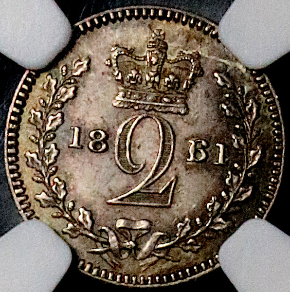 1861 6/1 NGC AU58 Great Britain  2 Pence Mint Error Maundy Silver Coin (24110601C)