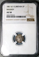 1861 6/1 NGC AU58 Great Britain  2 Pence Mint Error Maundy Silver Coin (24110601C)
