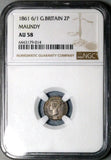 1861 6/1 NGC AU58 Great Britain  2 Pence Mint Error Maundy Silver Coin (24110601C)