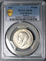 1917 PCGS AU 58 Great Britain Florin 2 Shillings George V Sterling Silver Coin (24051202C)