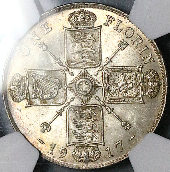 1917 NGC MS 63 Great Britain Florin 2 Shillings George V Sterling Key Date Silver Coin (25051401C)