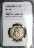 1929 NGC MS 64 Florin George V Great Britain 2 Shillings Silver Coin (23052903C)