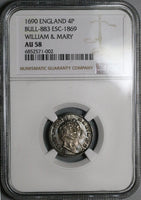 1690 6/5 NGC AU 58 William Mary 4 Pence Error Groat Great Britain Silver Coin (23110704C)