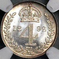 1892 NGC MS 65 Victoria Maundy 4 Pence Great Britain Groat Sterling Silver Coin (24052101C)