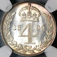 1892 NGC MS 65 Victoria Maundy 4 Pence Great Britain Groat Sterling Silver Coin (24052101C)