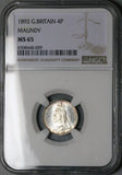 1892 NGC MS 65 Victoria Maundy 4 Pence Great Britain Groat Sterling Silver Coin (24052101C)