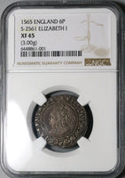 1565 NGC XF 45 Elizabeth I 6 Pence Britain Silver Coin POP 1/0 (22093001D)