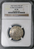 1567 NGC VF 20 Elizabeth I 6 Pence Great Britain Hammered Coin S-2562 (25033003C)