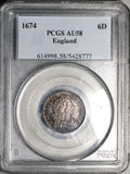 1674 PCGS AU 58 Charles II 6 Pence Great Britain England Sterling Silver Coin POP 1/3 (25030601C)