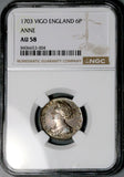 1703 NGC AU 58 Anne Vigo 6 Pence Great Britain England Treasure Silver Coin (25110901D)
