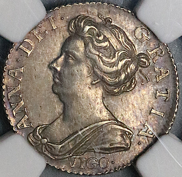 1703 NGC AU 58 Anne Vigo 6 Pence Great Britain England Treasure Silver Coin (23112101C)