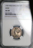 1703 NGC AU 58 Anne Vigo 6 Pence Great Britain England Treasure Silver Coin (23112101C)