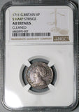 1711 NGC AU Anne 6 Pence Great Britain Post Union Sterling Silver Coin (23121402C)