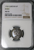 1743 NGC AU 55 George II 6 Pence Great Britain Colonial Sterling Silver Coin (24011003C)