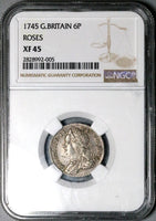 1745 NGC XF 45 Great Britain 6 Pence George II Roses Sterling Silver Coin POP 3/4 (25081402C)