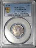 1746 PCGS MS 61 George II 6 Pence Great Britain LIMA Mint State Coin (26052602C)