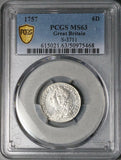 1757 PCGS MS 63 George II 6 Pence Great Britain Colonial Sterling Silver Coin (25101203C)