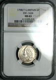 1758/7 NGC MS 63 George II 6 Pence Great Britain Overdate Rare Silver Coin (25111701C)