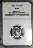 1838 NGC MS 64 Victoria 6 Pence Great Britain Sterling Silver Coin (23053001C)