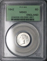 1842 PCGS MS 63 Victoria 6 Pence Great Britain OGH Rare Silver Coin (23111102C)