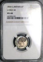 1844 NGC MS 66 Victoria 6 Pence Great Britain Rare Large 44 Sterling SIlver Coin POP 1/1 (22061001D)