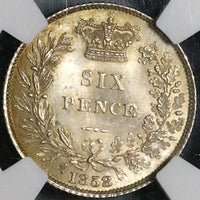 1858 NGC MS 64 Victoria 6 Pence Great Britain Rare Silver Coin (23042401C)