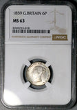 1859 NGC MS 63 Victoria 6 Pence Great Britain Sterling Silver Coin (26102201C)