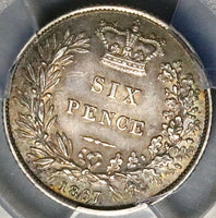 1867 PCGS AU 58 Victoria 6 Pence Die 11 Rare Great Britain Sterling Silver Coin (25090101C)