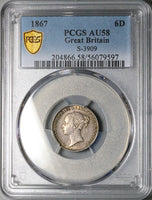 1867 PCGS AU 58 Victoria 6 Pence Die 11 Rare Great Britain Sterling Silver Coin (25090101C)
