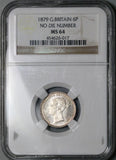 1879 NGC MS 64 Victoria 6 Pence No Die Number PL Great Britain Sterling Silver Coin (25112601C)