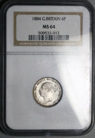1884 NGC MS 64 Victoria 6 Pence Great Britain Sterling Silver Coin (24061201C)