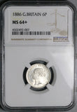 1886 NGC MS 64+ Victoria 6 Pence Great Britain Sterling Silver Coin (25021602C)