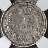 1887 NGC AU 55 Victoria 6 Pence Young Head Great Britain Sterling Silver Coin (24092802C)