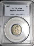 1887 PCGS MS 64 Victoria 6 Pence Shield Great Britain Sterling Silver Coin (25060101C)