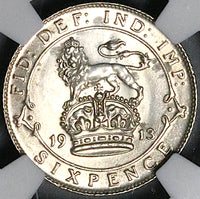 1913 NGC UNC George V 6 Pence Great Britain Sterling Silver Coin (24010802C)