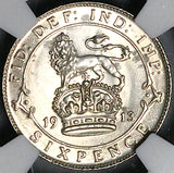 1913 NGC UNC George V 6 Pence Great Britain Sterling Silver Coin (24010802C)