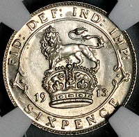 1913 NGC UNC George V 6 Pence Great Britain Sterling Silver Coin (24010802C)