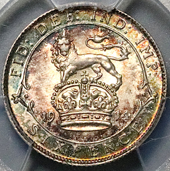 1914 PCGS MS-64 Great Britain 6 Pence George V Rainbow Toned Sterling Silver Coin (25090703C)