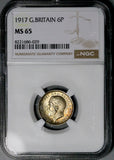 1917 NGC MS 65 George V 6 Pence Great Britain Gem Key Date Sterling Silver Coin (26041804C)