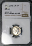1917 NGC MS 66 George V 6 Pence Great Britain Gem Key Date Silver Coin (26051607C)