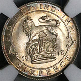 1918 NGC MS 64 George V 6 Pence Great Britain WWI Sterling Silver Coin (26020701C)