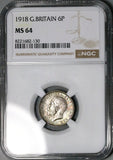 1918 NGC MS 64 George V 6 Pence Great Britain WWI Sterling Silver Coin (26020701C)