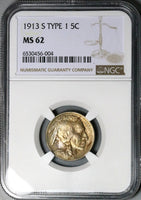 1913-S NGC MS 62 Type 1 Buffalo Nickel 5 Cents United States Coin (24103002C)