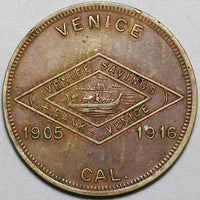 1916 Venice Savings Bank 50 Cents Token Gondola Canal CA Rare XF Coin (24090802R)