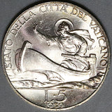 1939 Vatican City 5 Lire St Peter Boat Rome Mint BU Silver Coin (24012802R)