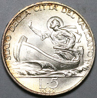 1940 Vatican City 5 Lire St Peter Boat Rome Mint GEM BU Silver Coin (24061502R)